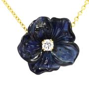 Blue Sapphire Flower Carving and Diamond Necklace